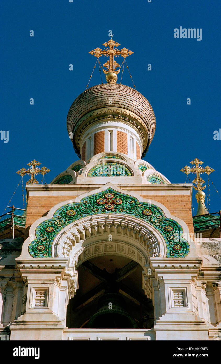 Nice Cote d'Azur France - The onion domes and spires of the Russian Orthodox Cathedral Stock Photo