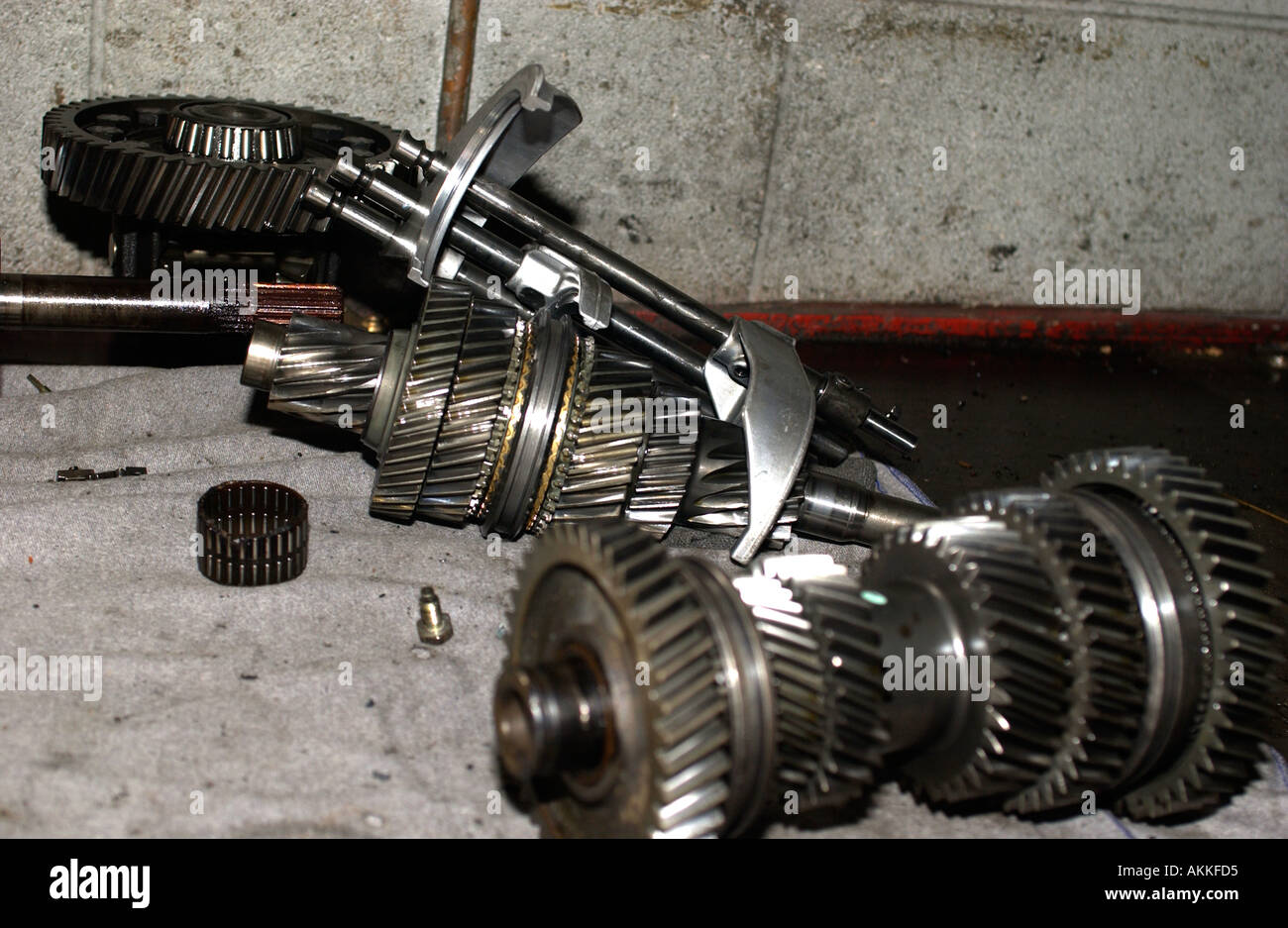 Transmission parts visible in transmission that is getting serviced