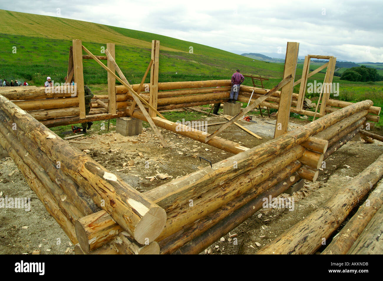 Construction Site Of Traditional Slovak Log House Cabin Stock