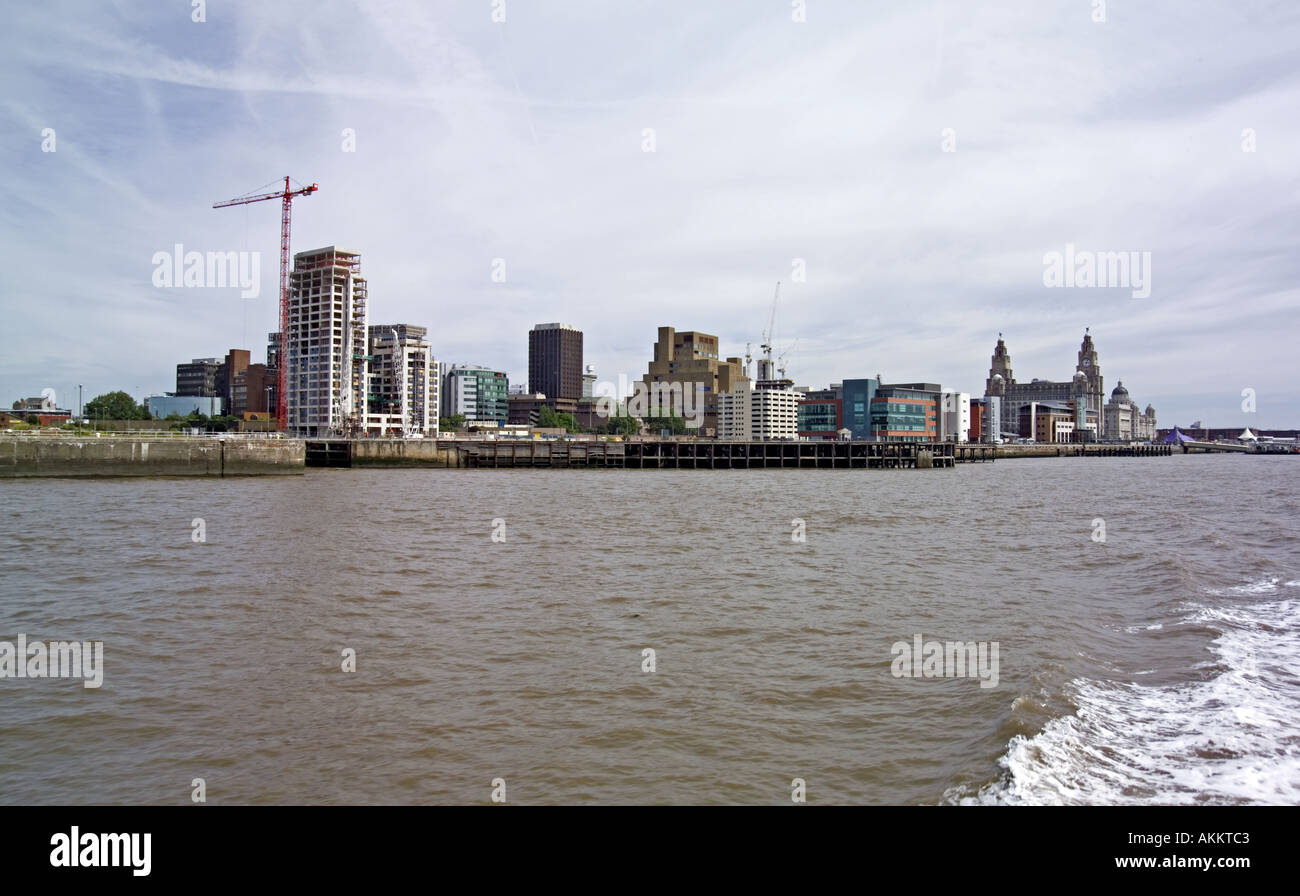 Liverpool Waterfront showing New Building the Liver Buildings regeneration  from the Mersey Ferry Stock Photo
