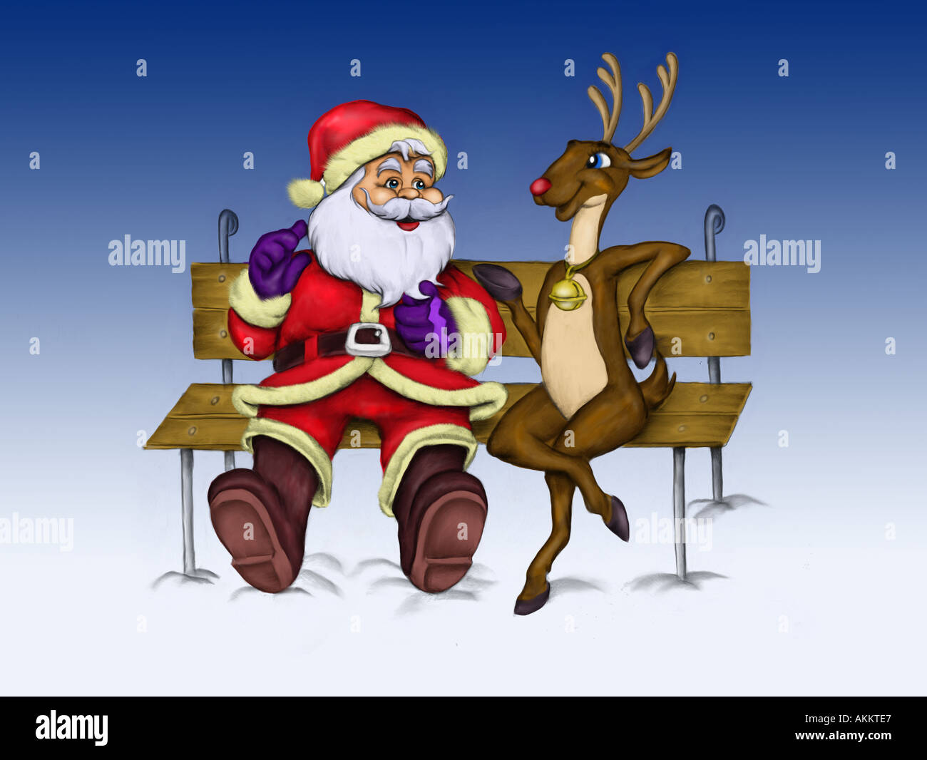 Illusration of Santa Claus talking to a reindeer, sitting on a bench. Stock Photo