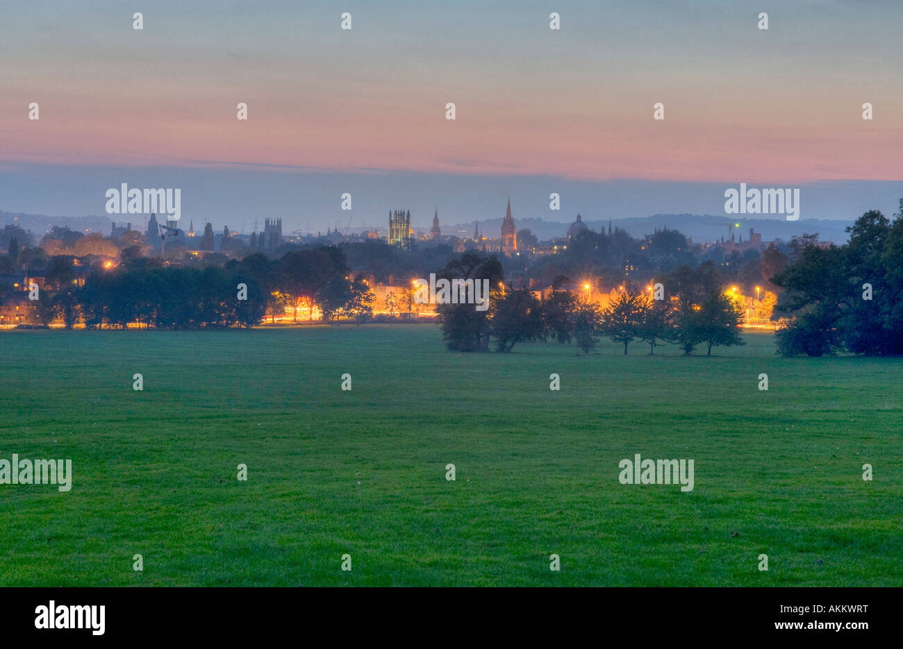 A view of the Dreaming Spires of Oxford at dusk from South Park Stock Photo