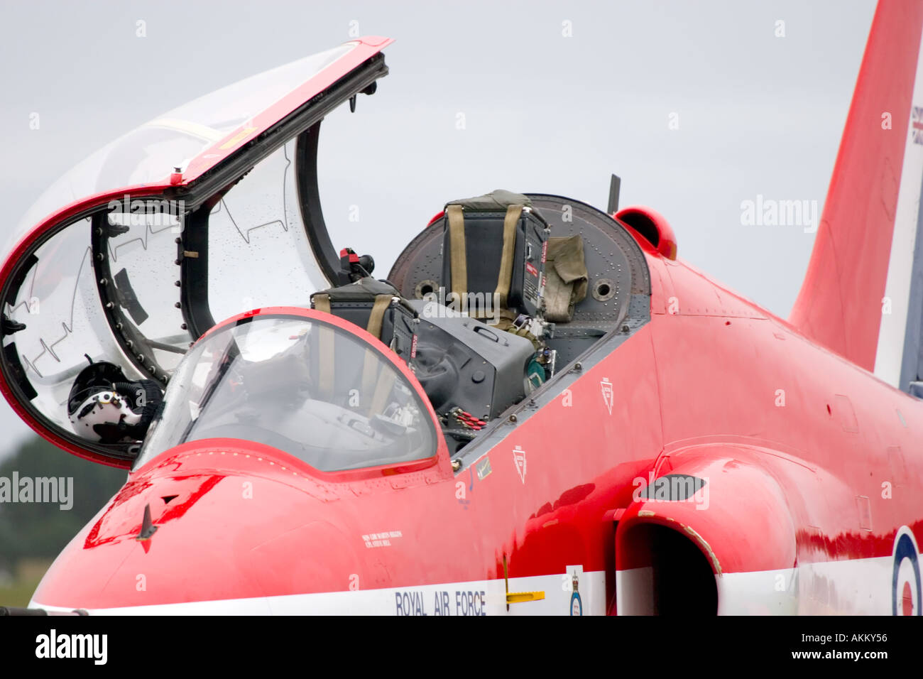 Open cockpit of RAF Red Arrows BAE Hawk aircraft Stock Photo