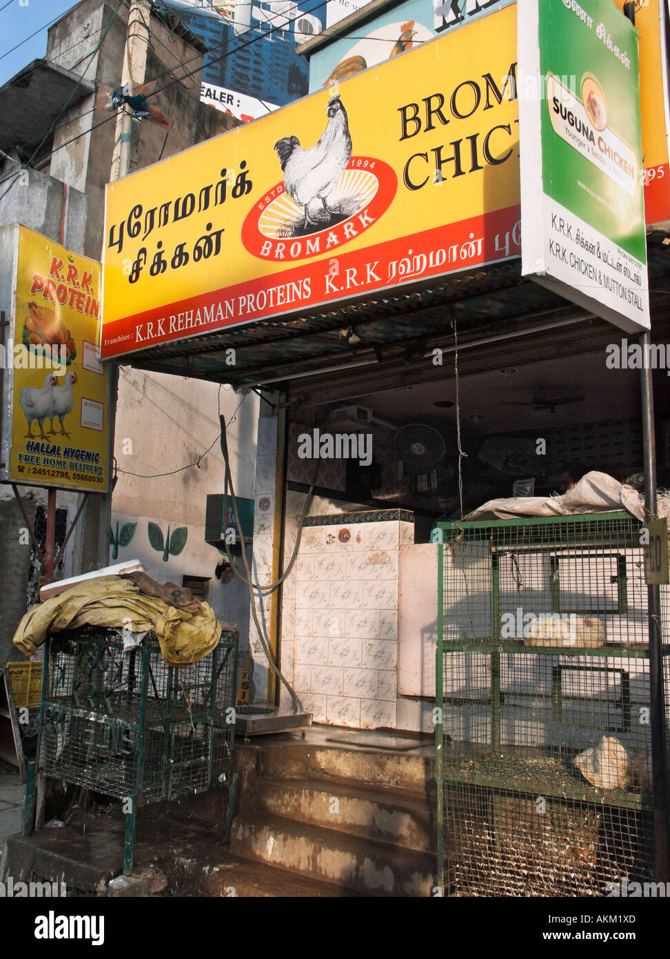 Live And Cooked Chickens For Sale Chennai Madras India Stock Photo
