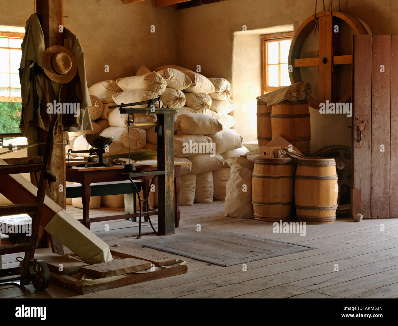 Canada Ontario Morrisburg Upper Canada Village stacked bags of flour at the Bellamy's Steam Flour Mill Stock Photo