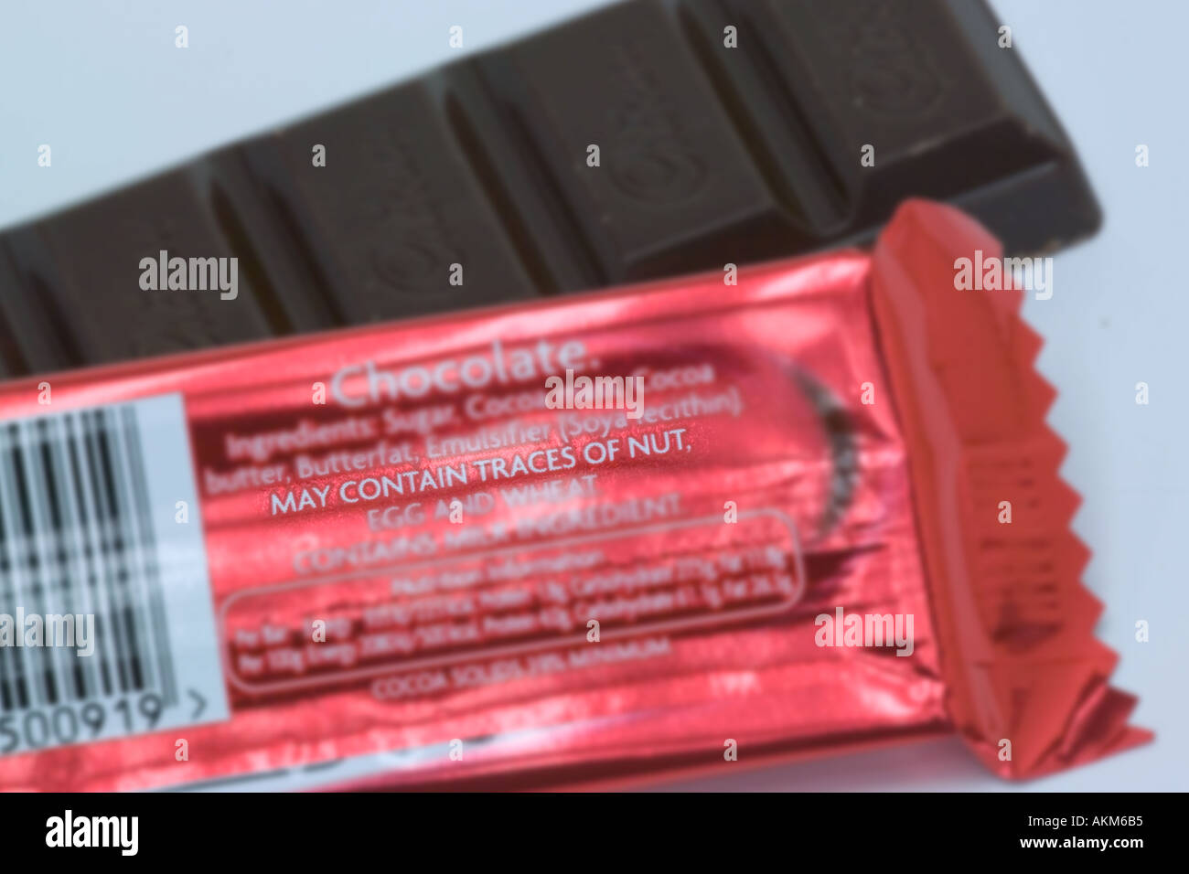 Chocolate wrapper may contain nuts warning on packageing Stock Photo