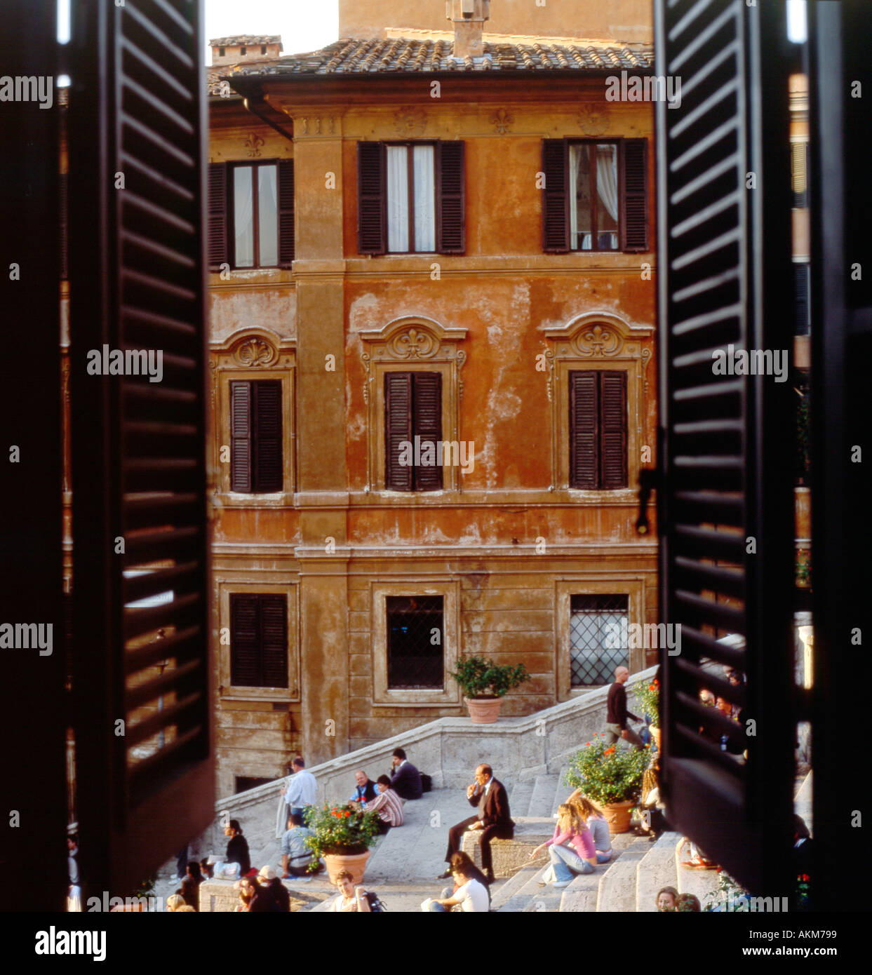 A view of the Spanish Steps (PIazza di Spagna) from open window and ...
