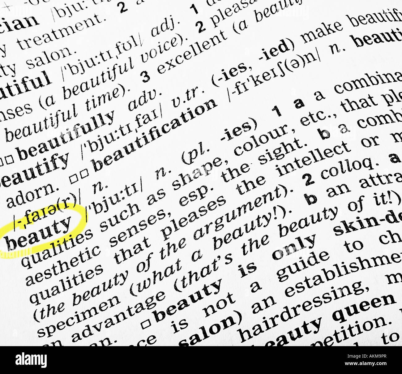 The word beauty circled in the dictionary Stock Photo