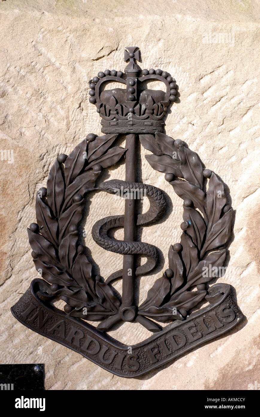 Insignia on Royal Army Medical Corps Memorial at National Memorial Arboretum, Staffordshire, England, UK Stock Photo