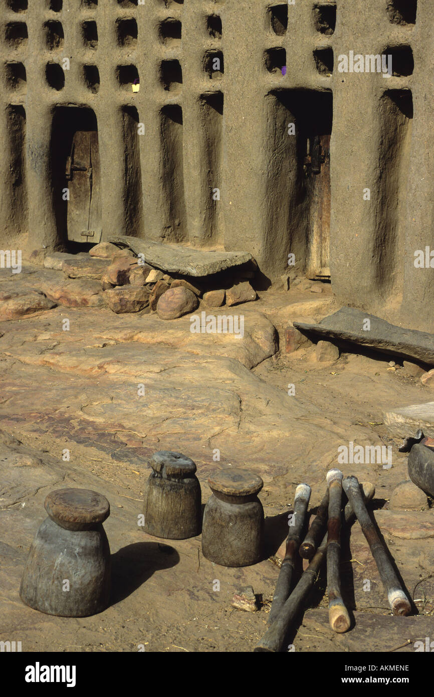 A set of mortar and pestles used to mill the grain in a small village