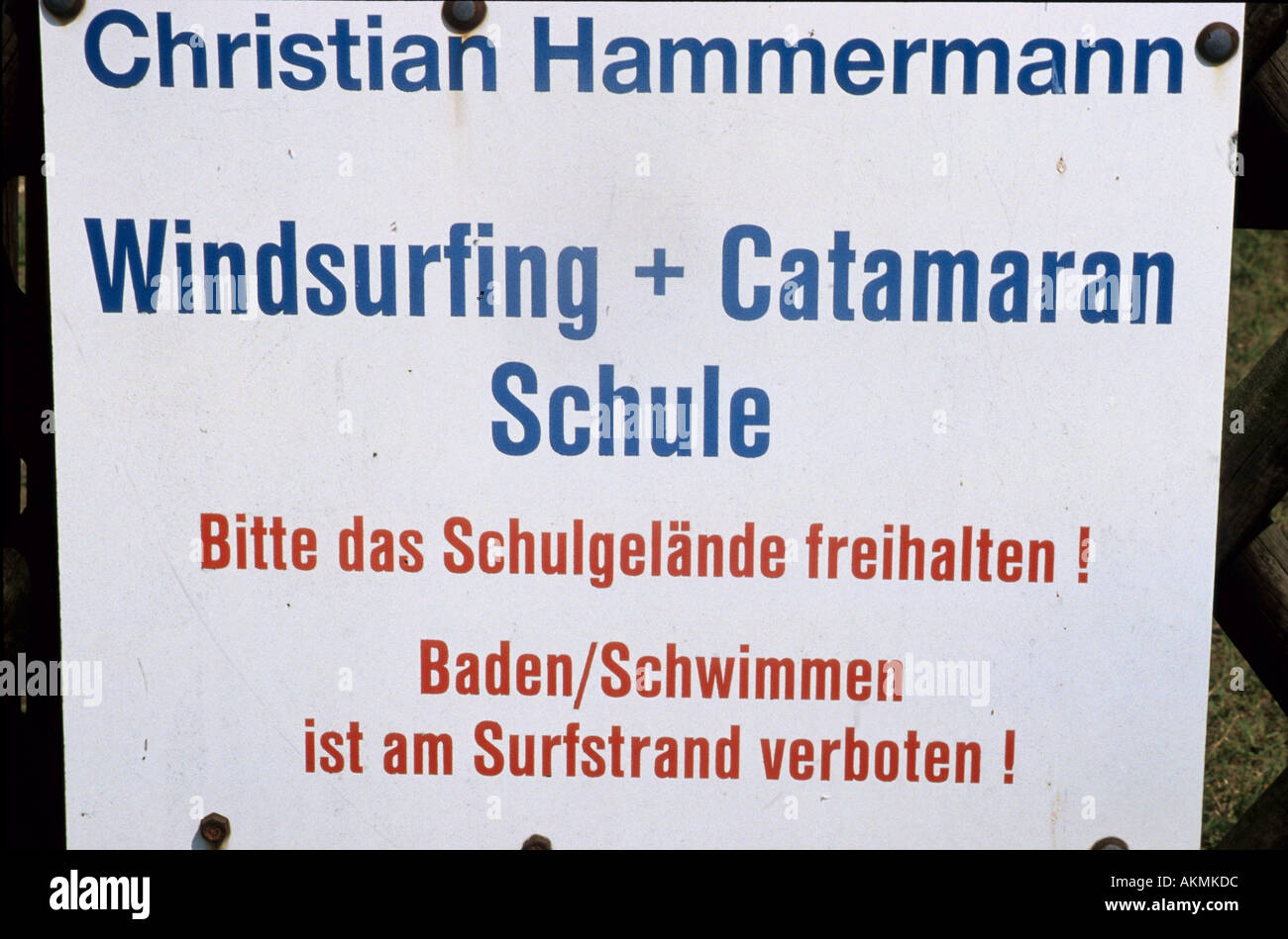 Germany Free time Sign of a windsurfing and catamaran school  Stock Photo