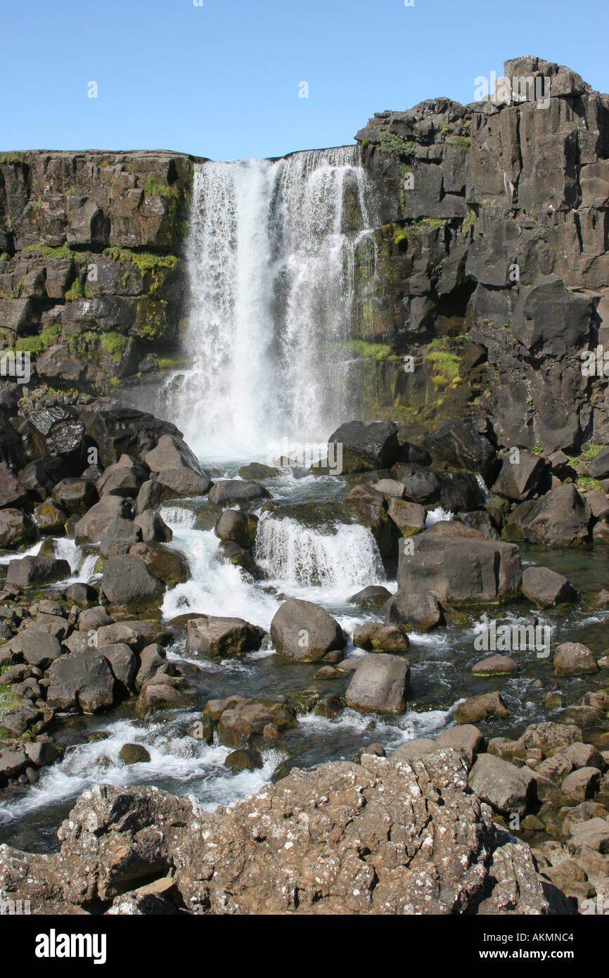 Oxarafoss Waterfall at Thingvellir in south western Iceland Stock Photo
