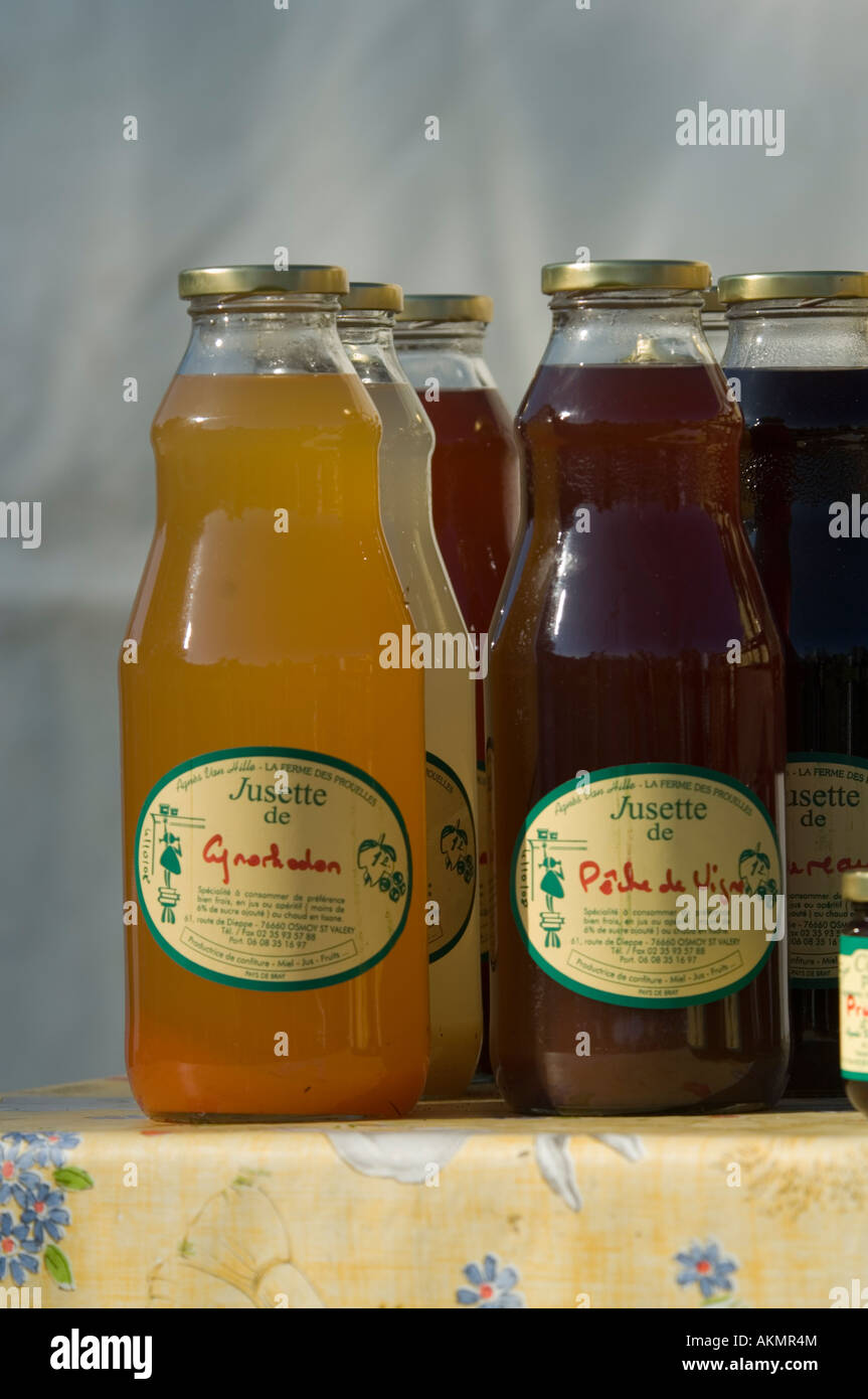 Fruit Juice in Glass Bottles Market Normandy France Stock Photo Alamy