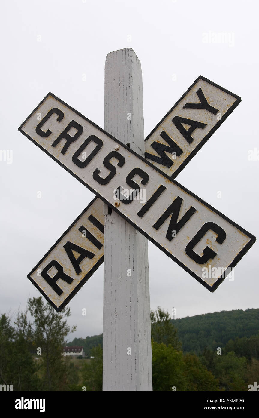 Railway Crossing sign in St Jovite Mont Tremblant Laurentians Quebec Canada Stock Photo