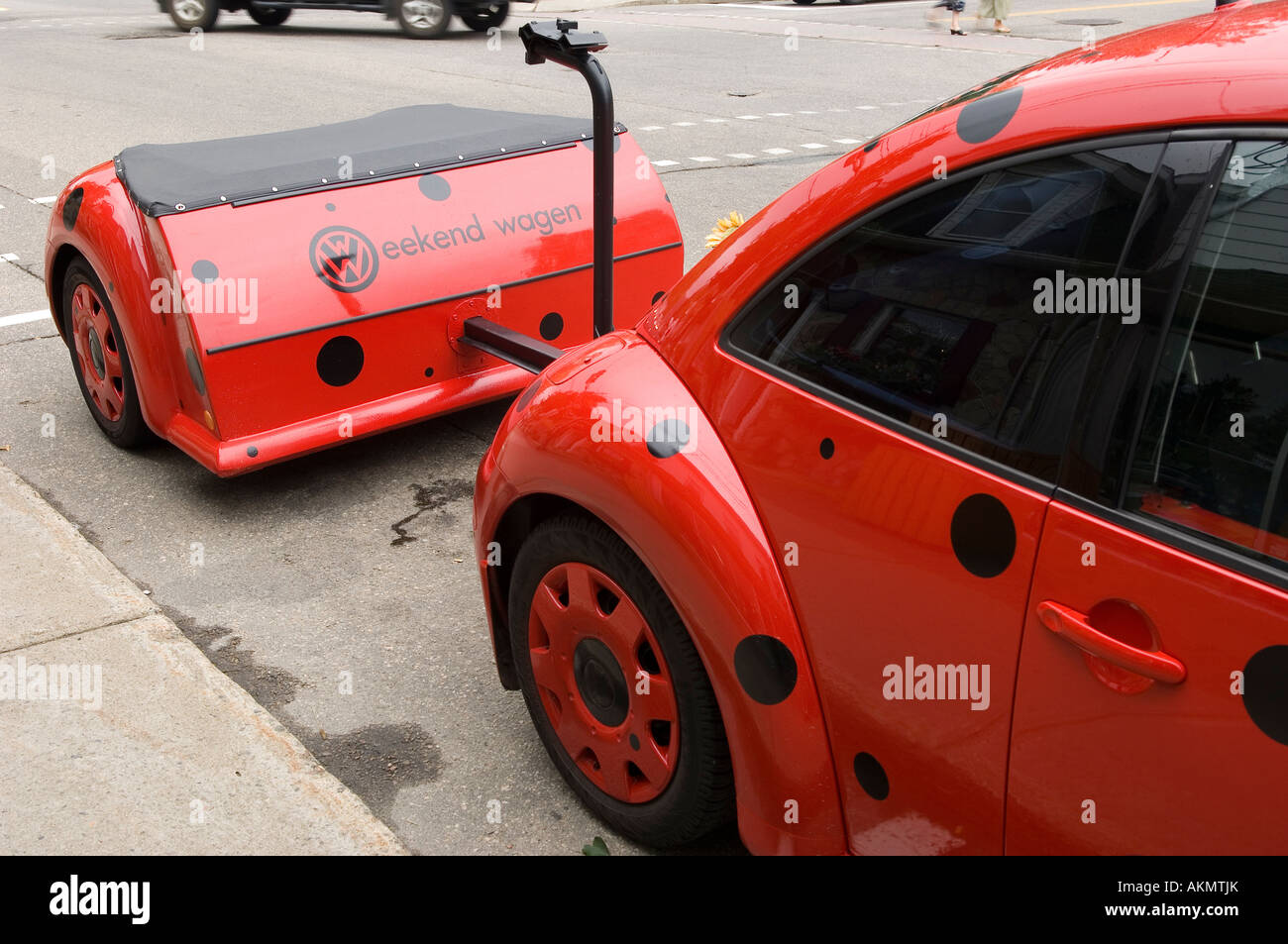 A volkswagen beetle and matching trailer St Jovite Mont Tremblant Laurentians Quebec Canada Stock Photo