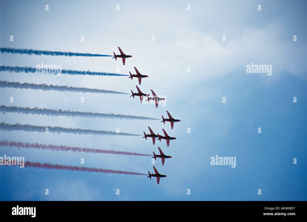 FARNBOROUGH HAMPSHIRE England UK July The Red Arrows in a display at the famous Airshow Stock Photo