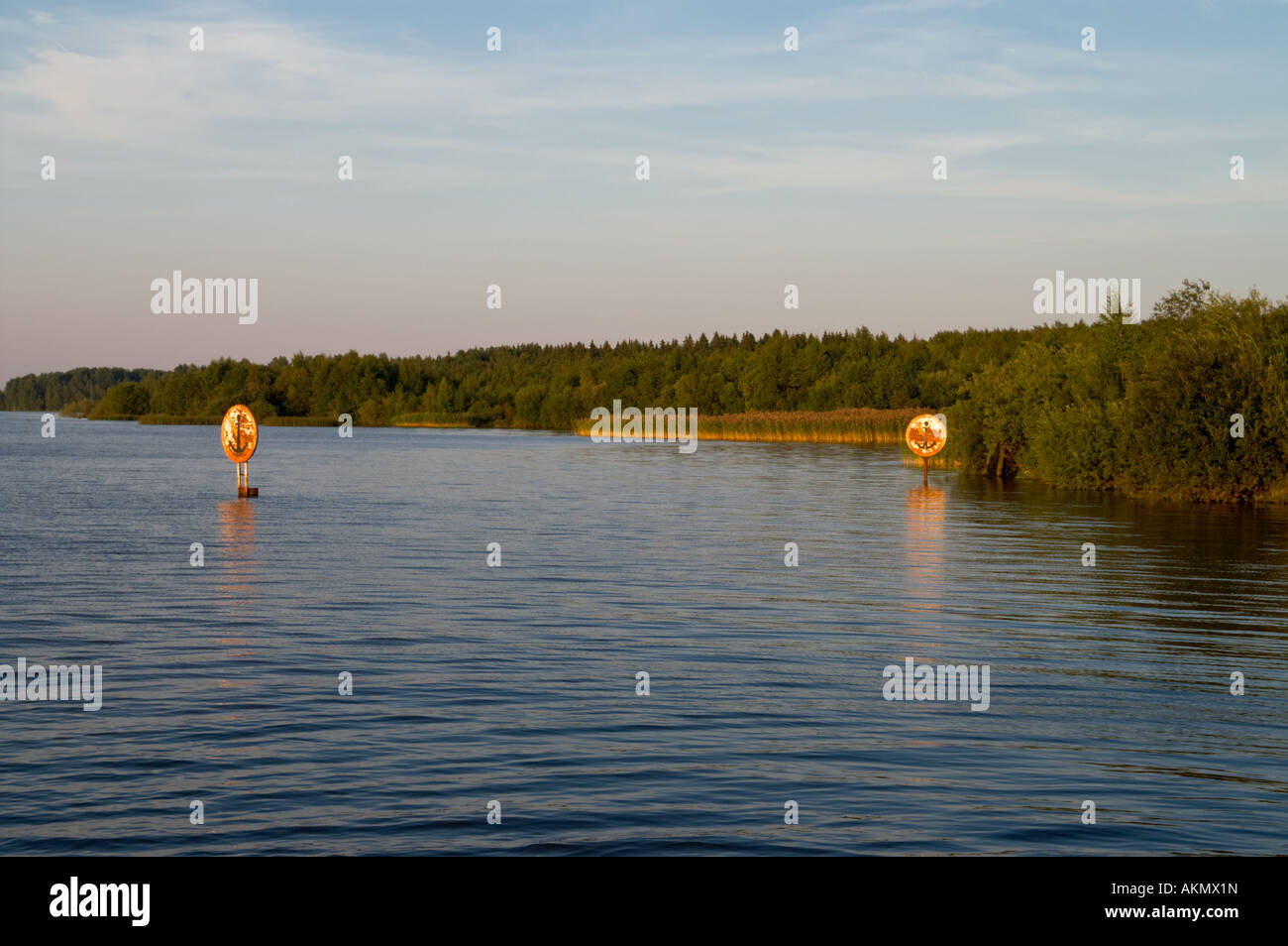 Signs "No anchoring" at Sheksna river in Russian North Stock Photo