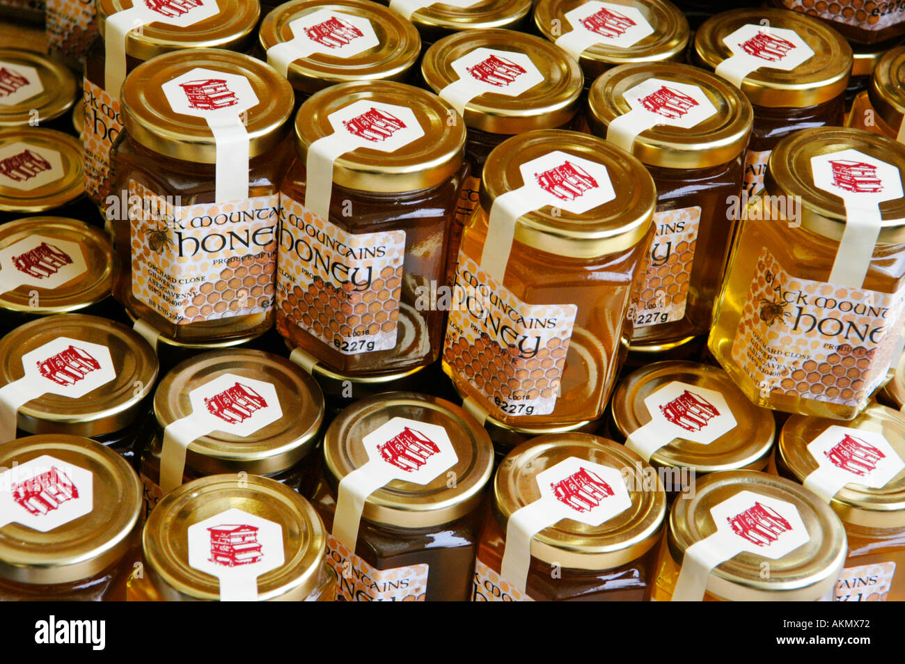 Jars of local Black Mountain honey for sale on street stall annual food