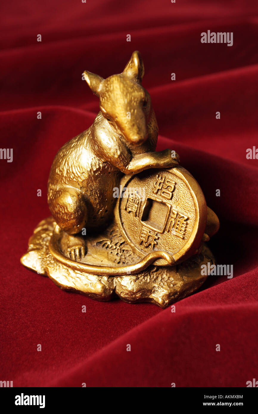 Chinese Zodiac Rat Statue with Big Golden Coin