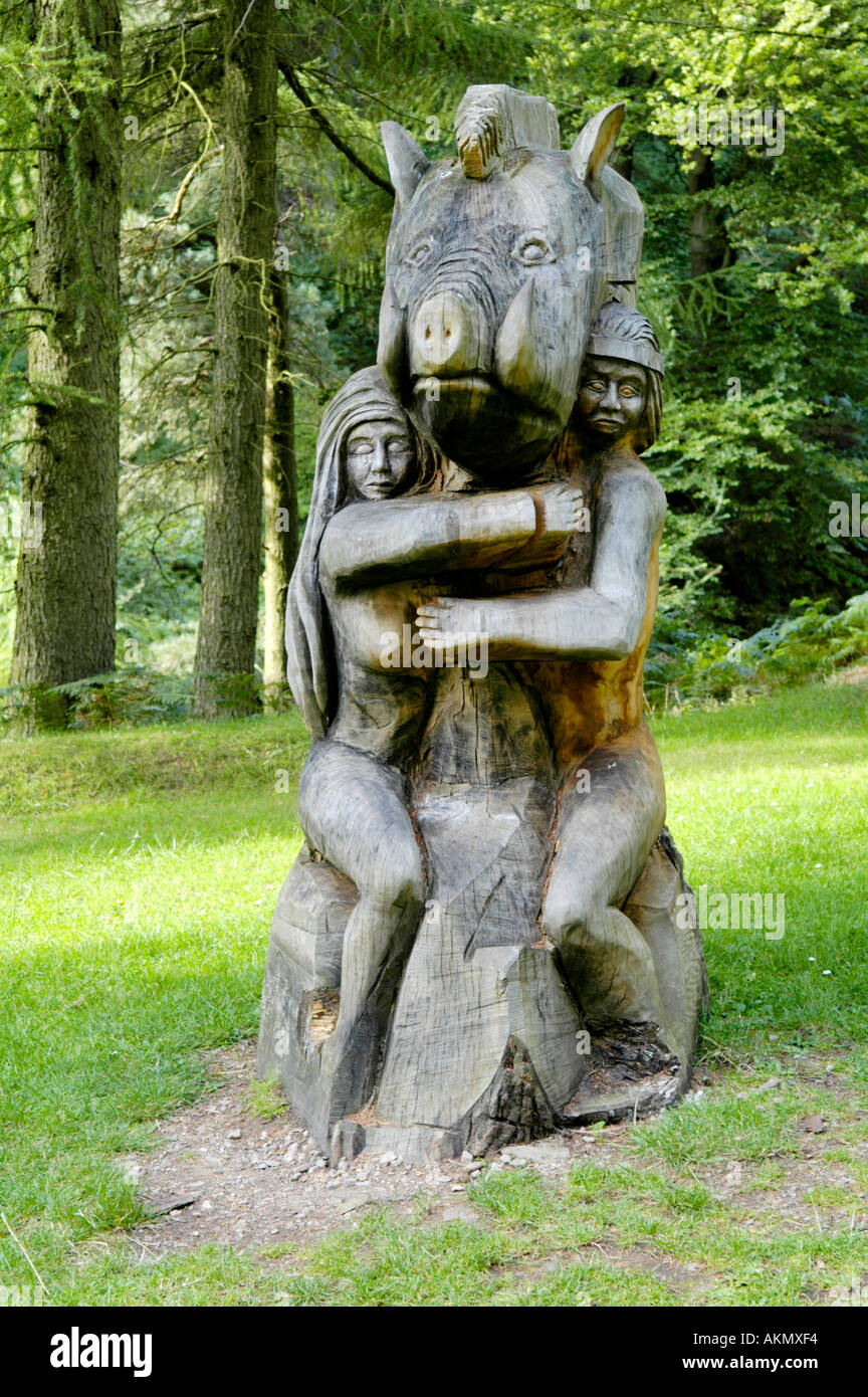 Tales of the Mabinogion carved wooden sculpture at Cwmcarn Forest Drive