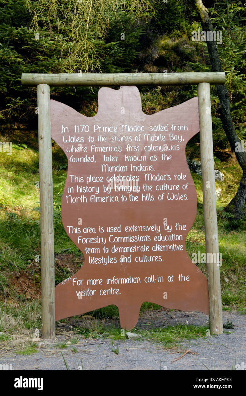 Carved wooden sculpture relating to Prince Madoc discovering North America in 1170 located at Cwmcarn Forest Drive South Wales Stock Photo