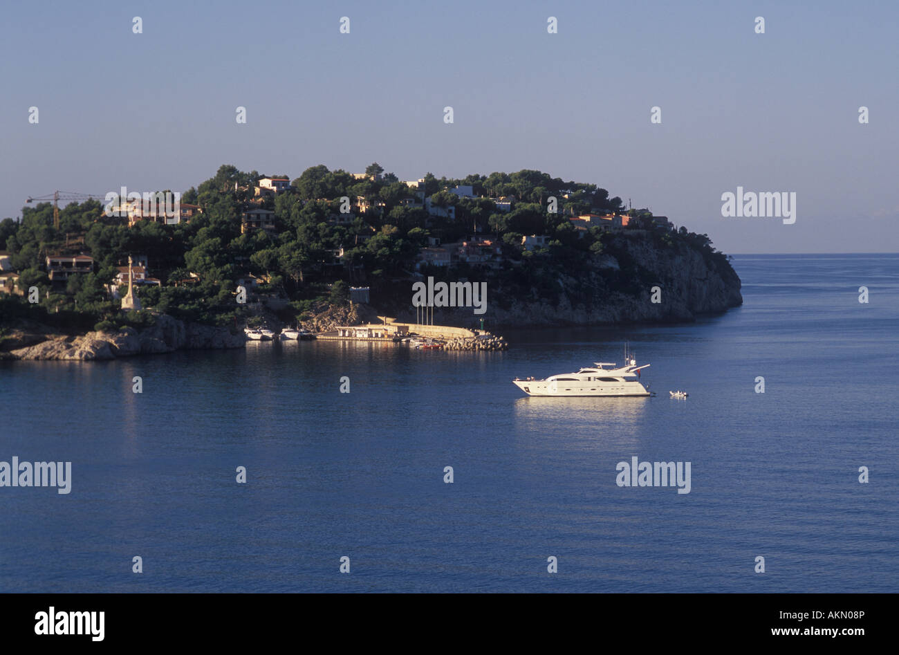 Early morning view of luxury motor yacht at anchor in Santa Ponsa  Bay, Calvia, Mallorca, Balearic Islands, Spain. Stock Photo