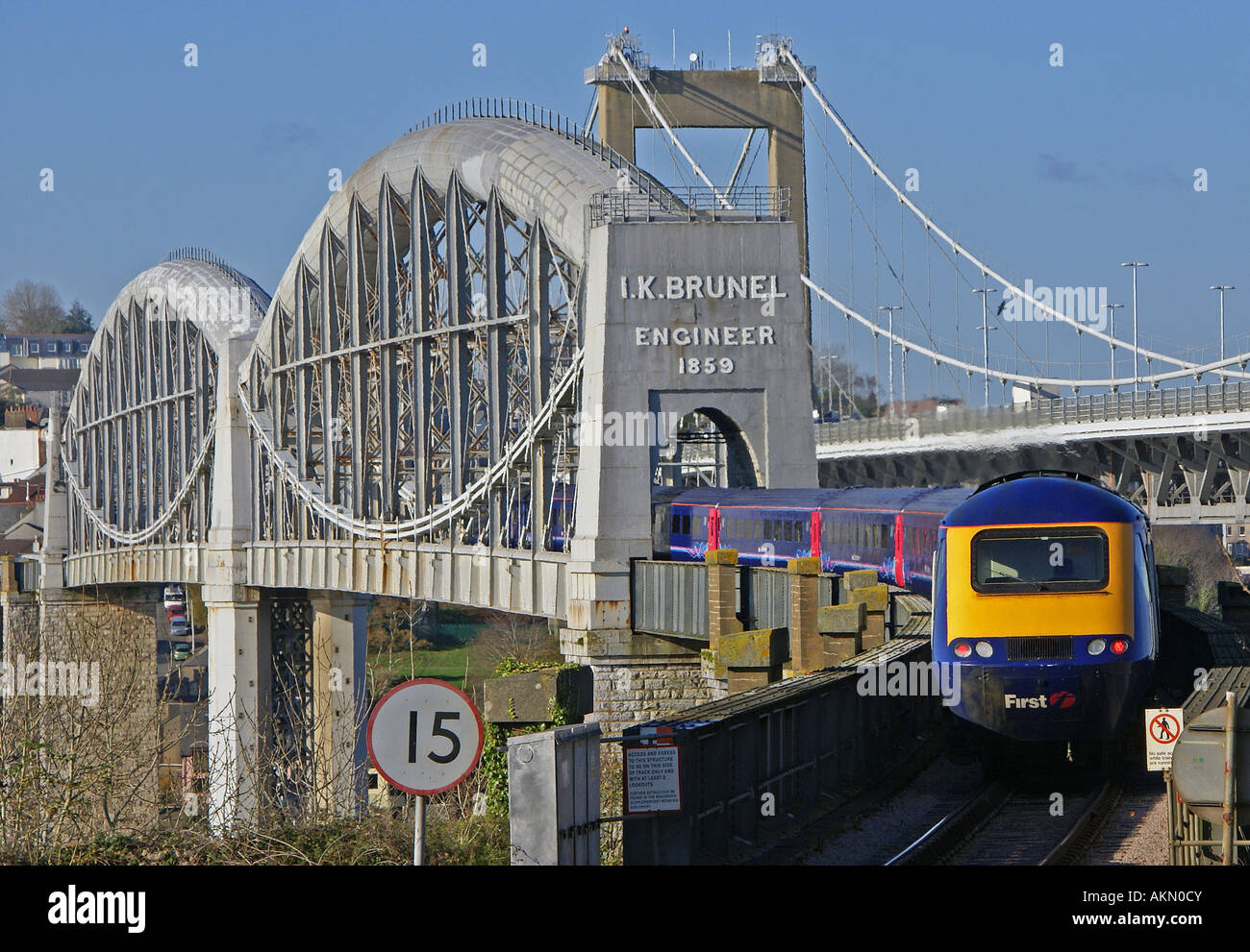 Train crossing the Famous Brunel Royal Albert Bridge into Cornwall