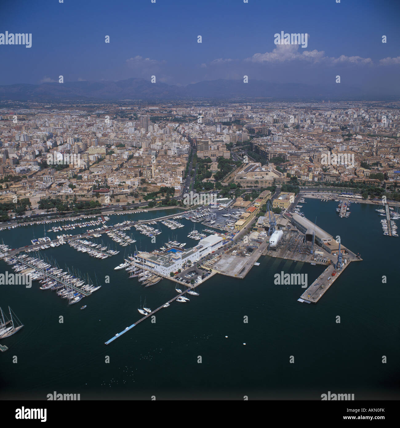 Aerial view over Real Club Nautica de Palma,  Palma Royal Yacht Club and the City and Port of Palma de Mallorca. Stock Photo