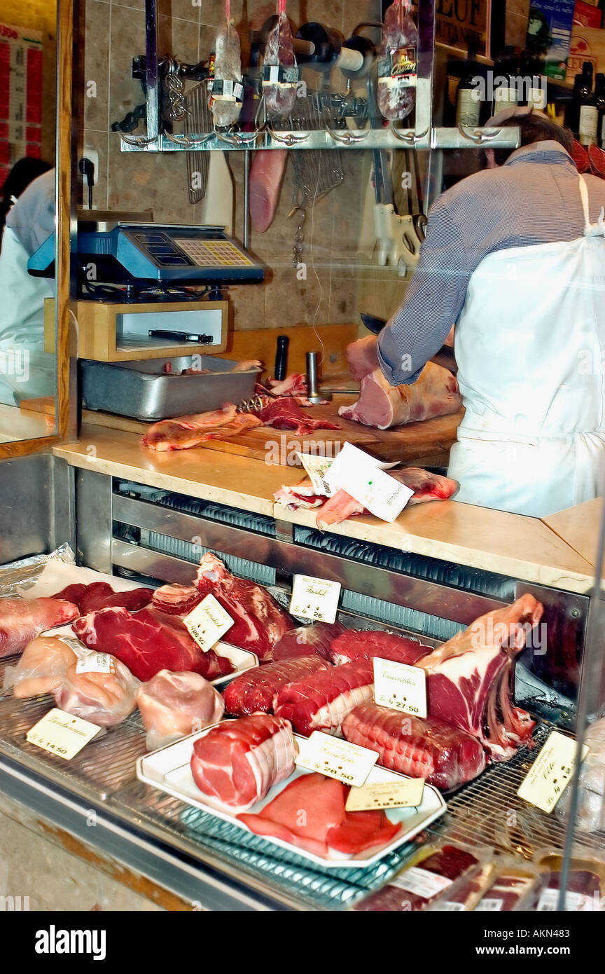 Paris France, French Butcher Shop, Meat on Display in Shop Window "M