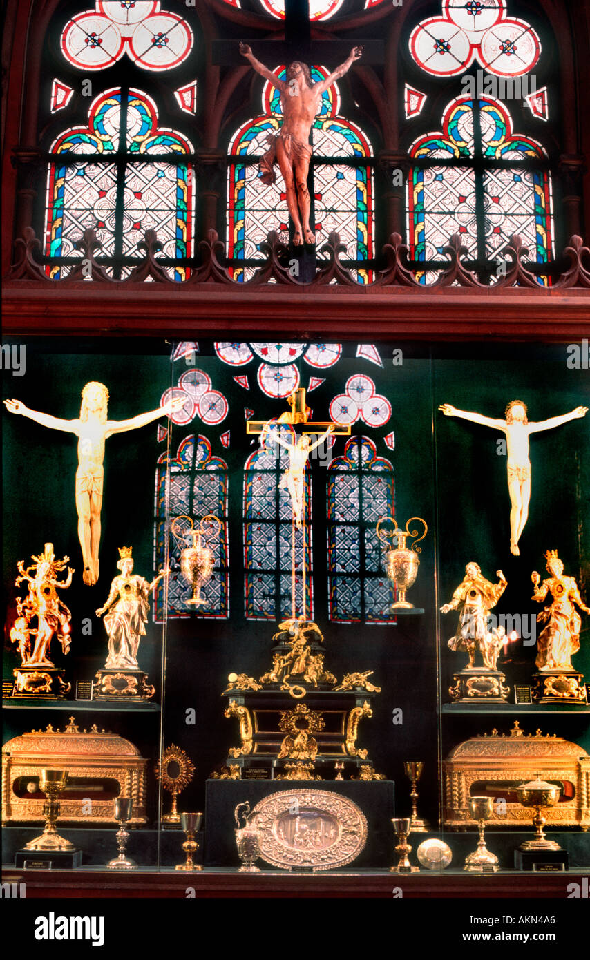 Catholic Religion "Art Objects" Treasury on Display inside "Notre Dame Cathedral" Paris France, Prayer Belief Value Sanctuary, Crown of Thorns Stock Photo