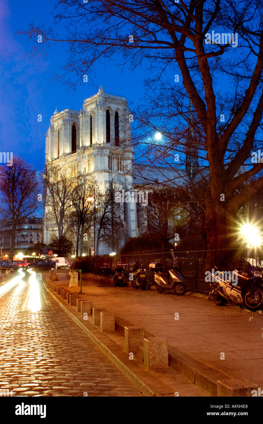 Paris France, Religion 'Notre Dame Cathedral' Church Exterior 'Cobbled Stone' Empty Historic Street Scene 'Rue Galande' Latin Quarter Lit Up Stock Photo