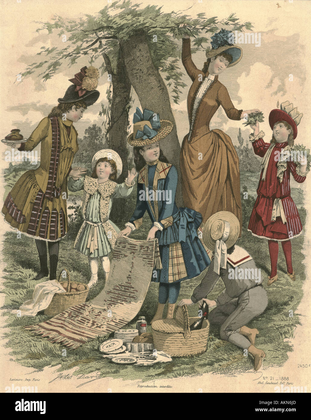 Fashion plate by Jules David 1888 showing picnic scene Stock Photo