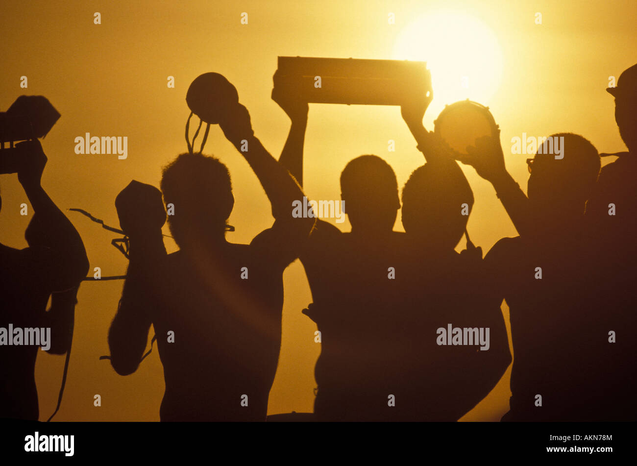 Percussion instruments Carnival musicians playing samba in the sunset