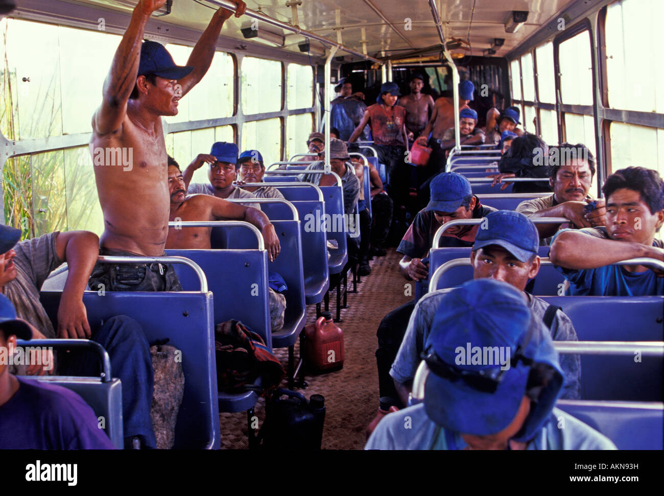 Sugarcane cutters transported in bus Presence of some Indigenous people Mato Grosso do Sul state Mid west Brazil Stock Photo