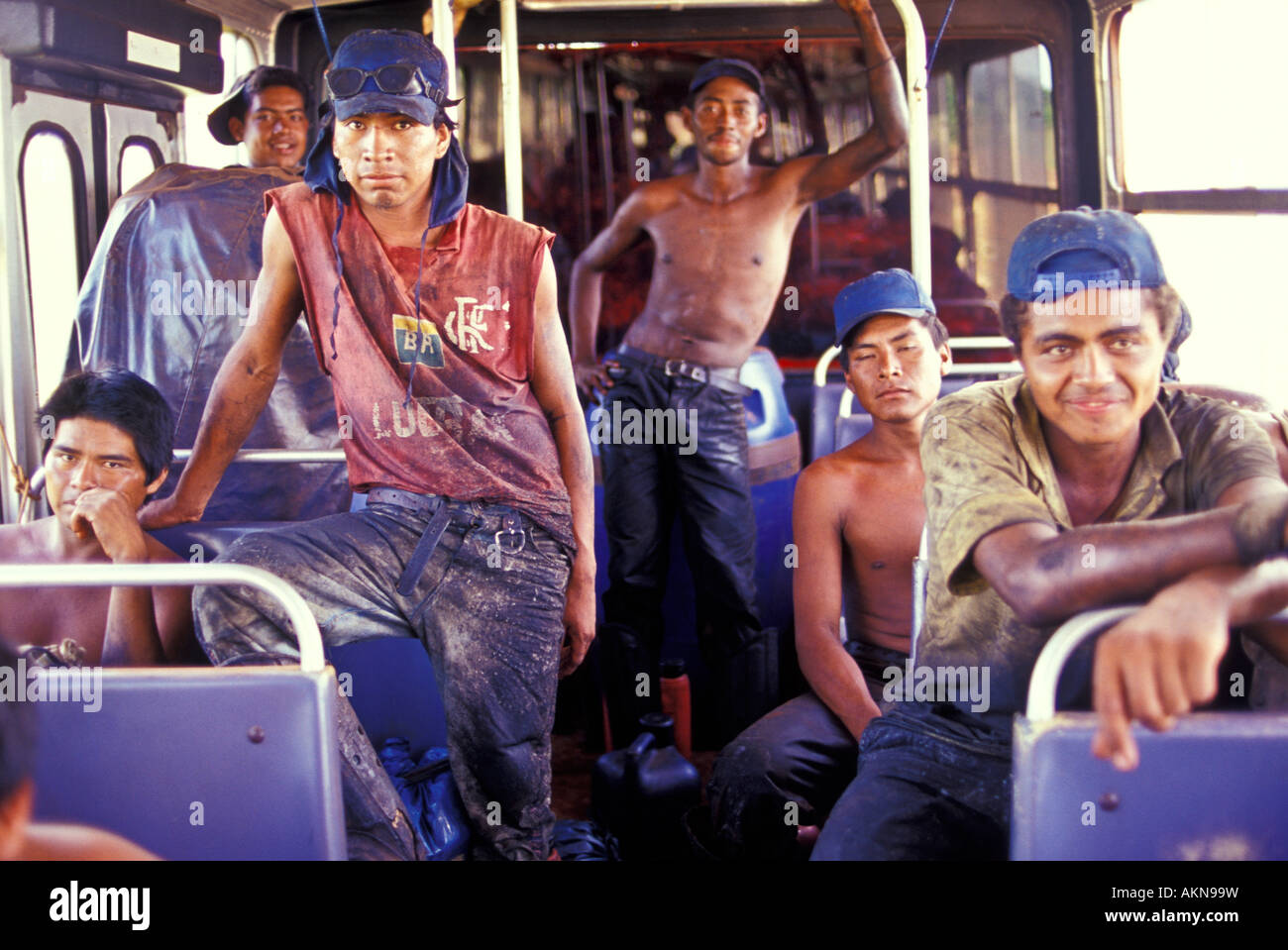 Sugarcane cutters transported in bus Presence of some Indigenous people Mato Grosso do Sul state Mid west Brazil Stock Photo