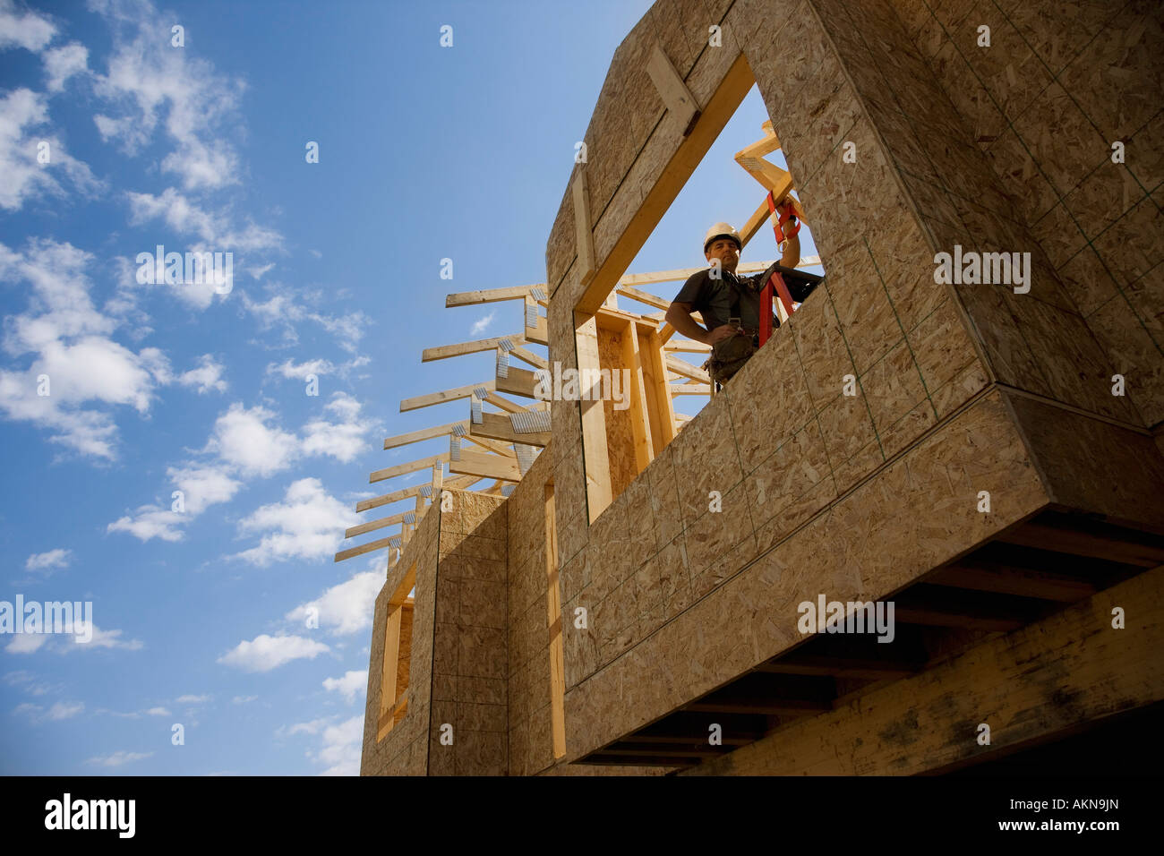 Construction worker building house Stock Photo