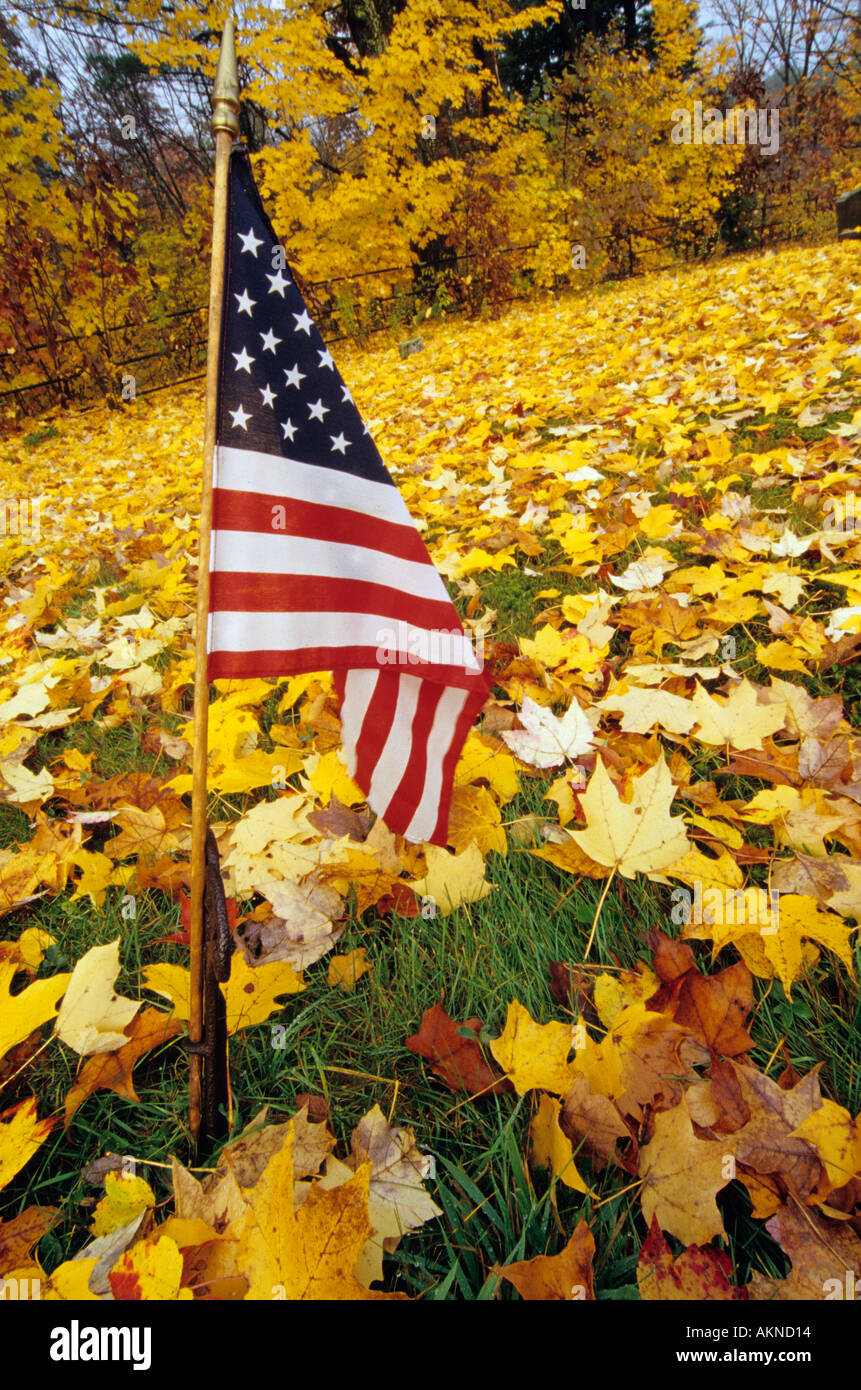 American Flag surrounded by autumn colors in a new england graveyard ...