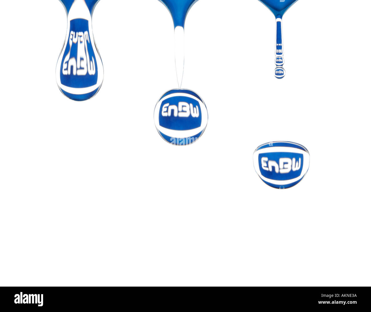 Logo of water and hydro power electricity producer EnBw reflecting in falling water drops Stock