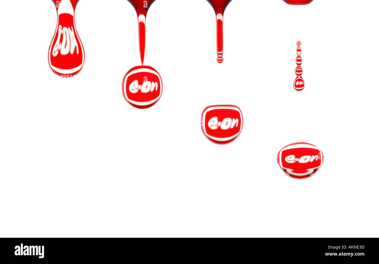 Logo of water and hydro power electricity producer eon reflecting in falling water drops Stock