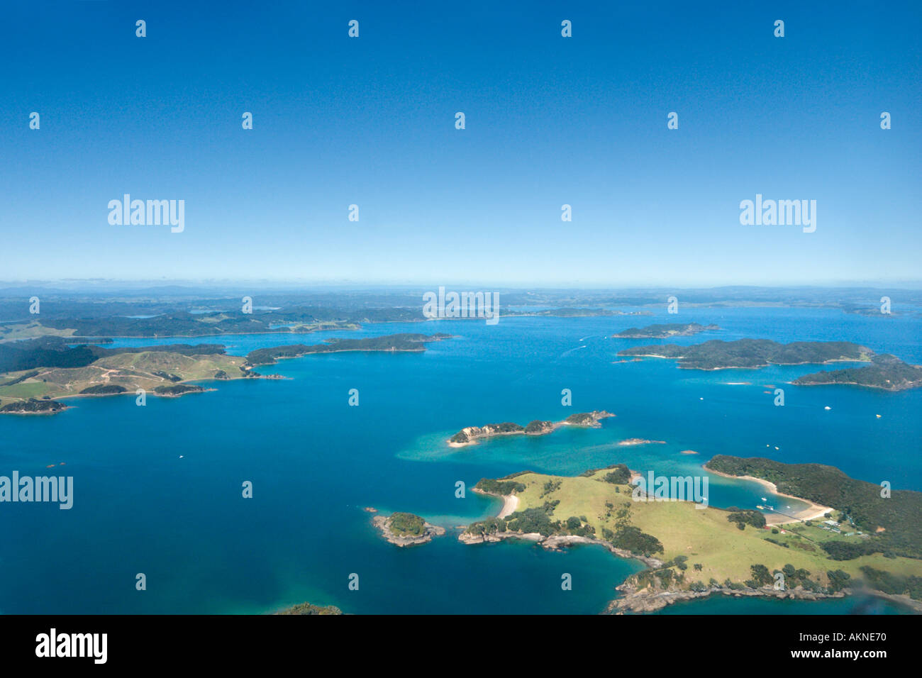 Aerial view of the Bay of Islands from a small plane, Northland, North Island, New Zealand Stock Photo