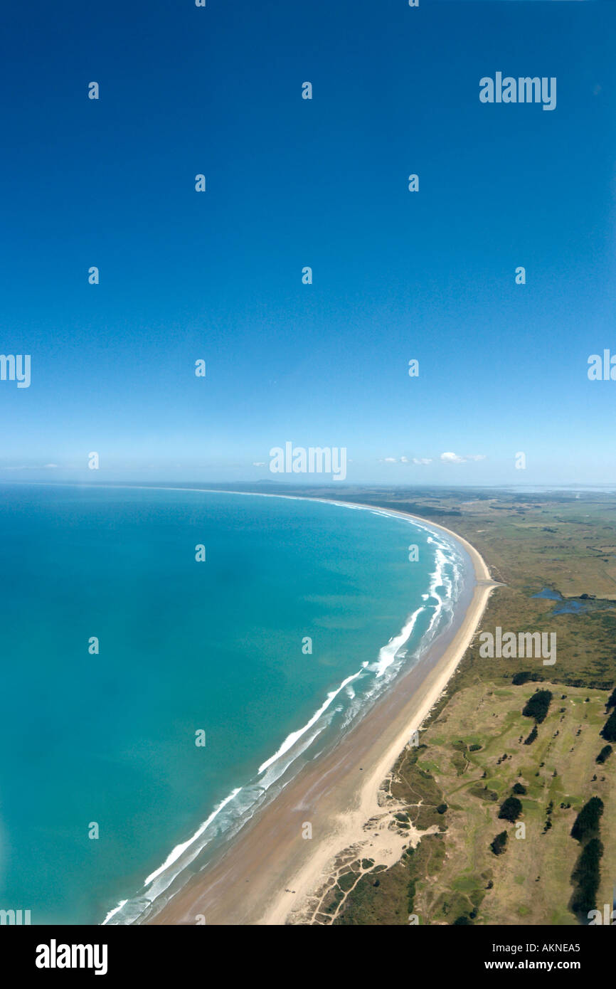 Aerial view of  Ahipara Beach from a small plane, part of Ninety Mile Beach,  Northland, North Island, New Zealand Stock Photo