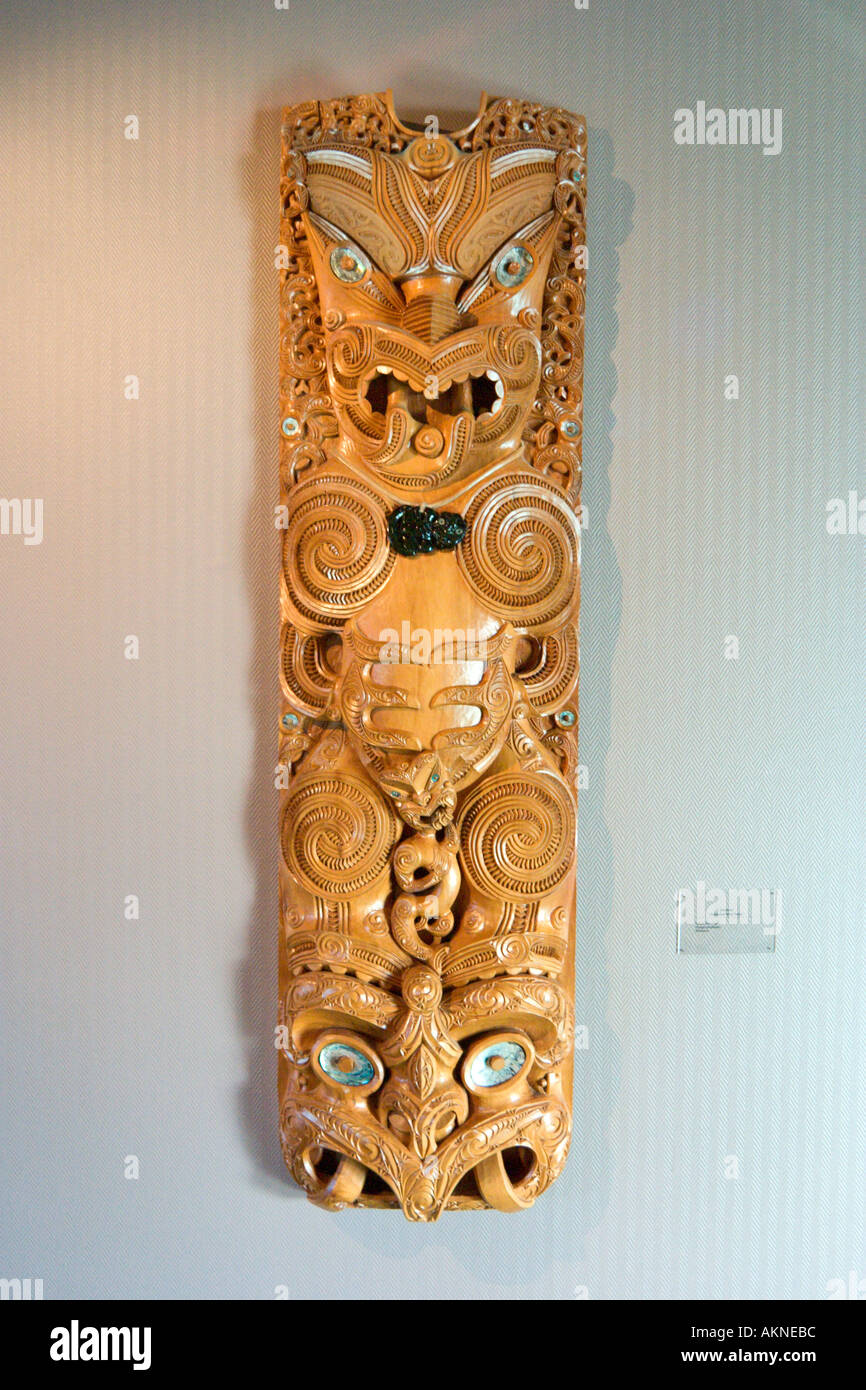 An Ancestral Wall Panel (a Poupou), Maori Arts and Crafts Institute, Whakarewarewa, Rotorua, North Island, New Zealand Stock Photo