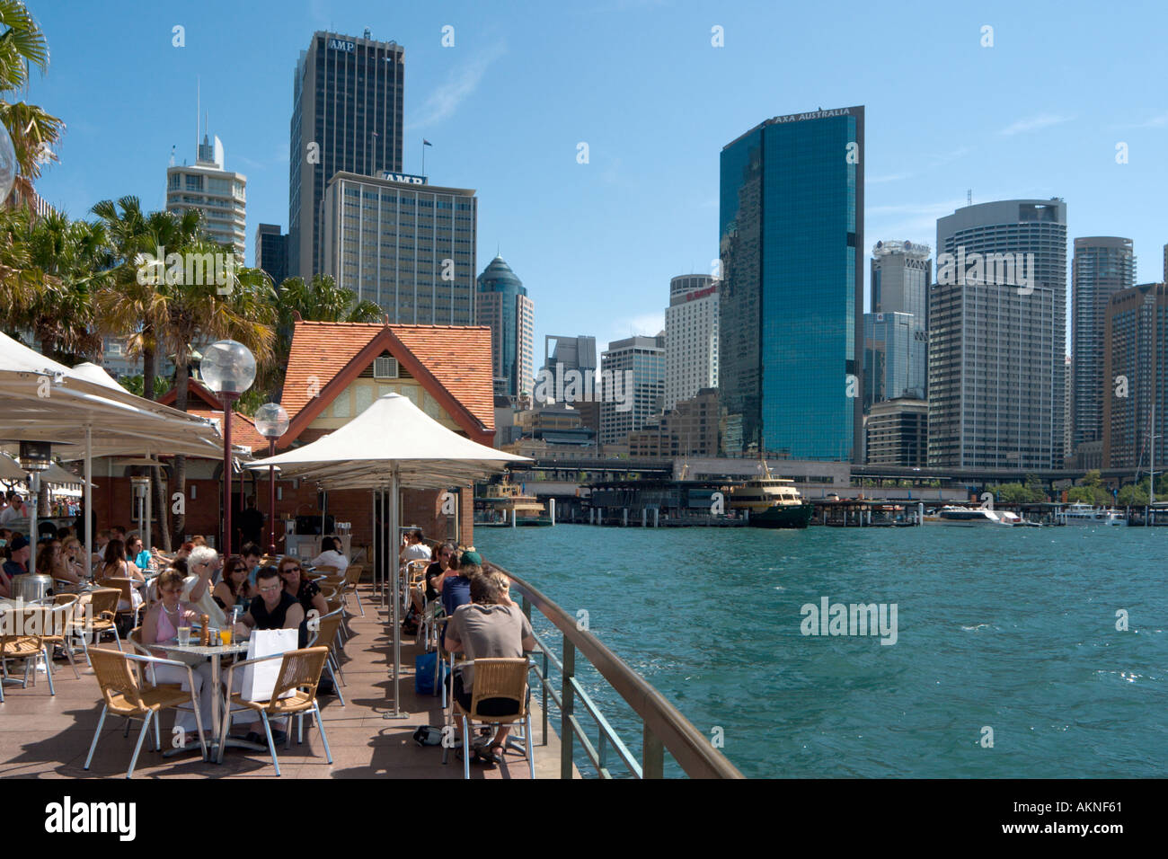 City skyline and pavement cafe in Circular Quay, Sydney, New South Wales, Australia Stock Photo