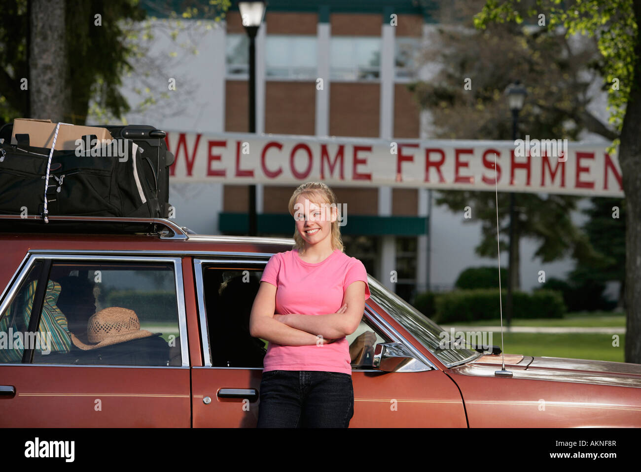A woman arriving at college Stock Photo
