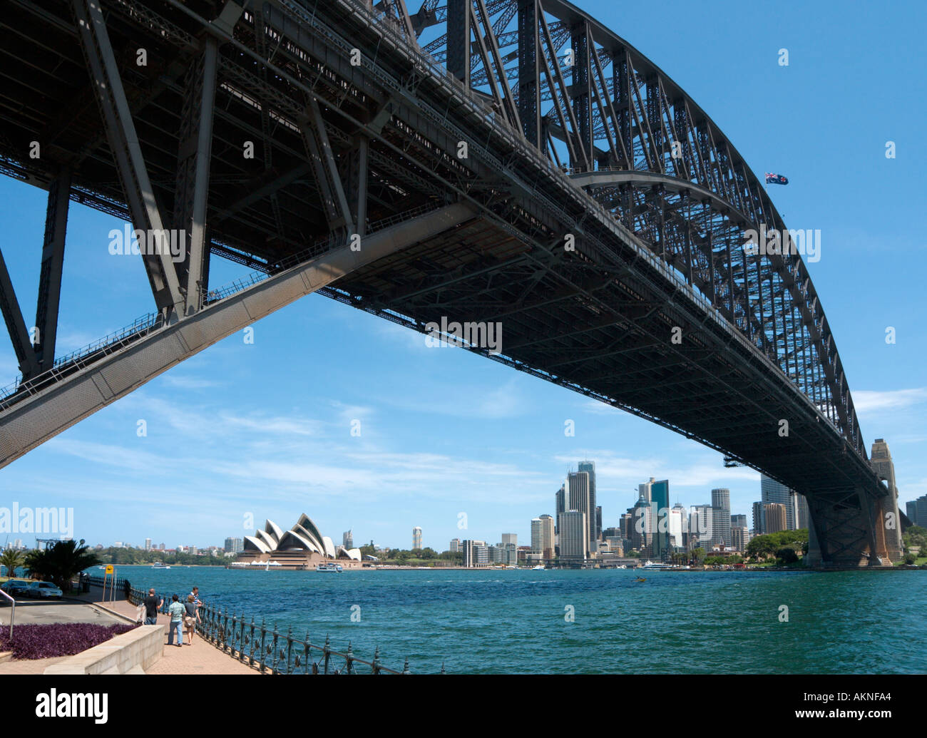 Harbour Bridge from Milsons Point with the Opera House and city skyline in the distance, Sydney, New South Wales, Australia Stock Photo