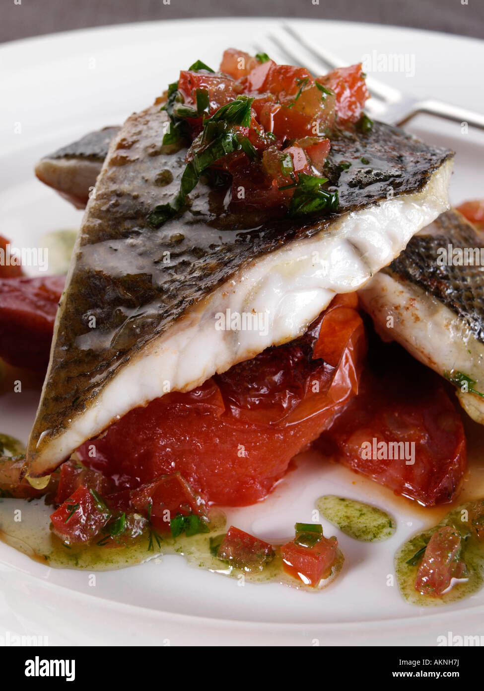 Sea Bass gourmet seafood main meal editorial food Stock Photo - Alamy