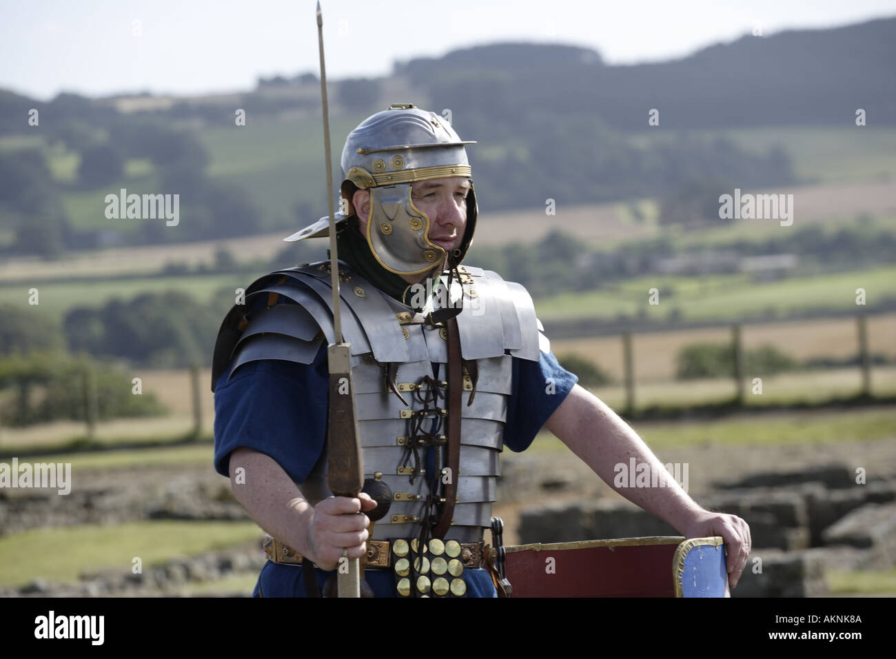 Corbridge Hadrian Wall Roman soldier with scutum shield javelin Stock Photo