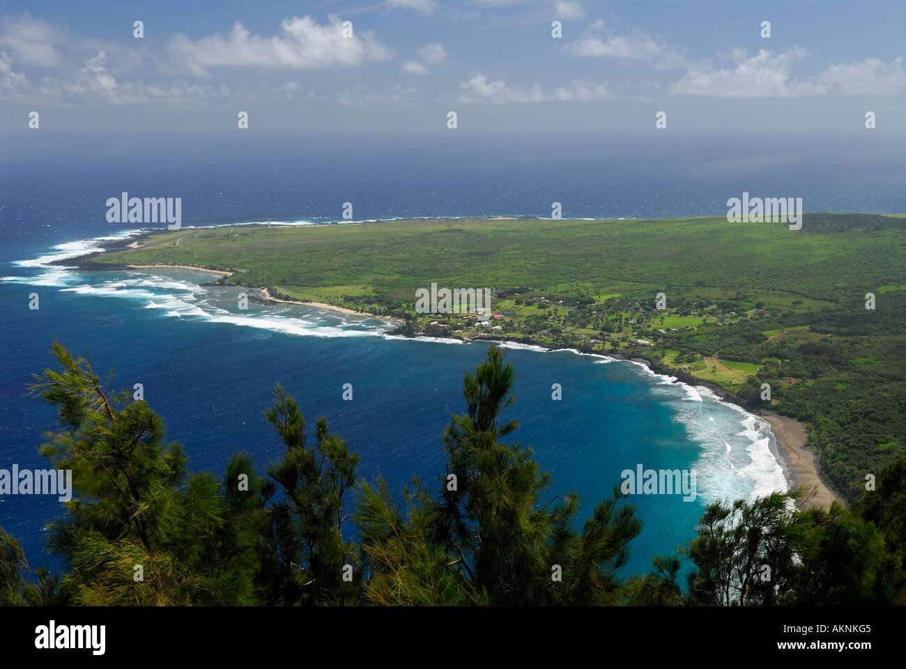 Kalaupapa peninsula leper colony on Molokai from the cliff edge overlook Hawaii Stock Photo