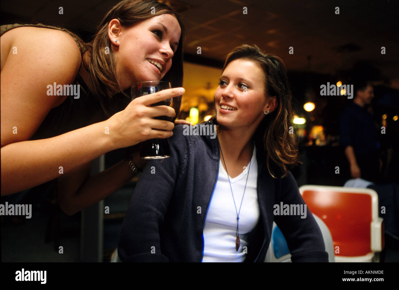 Germany Free time Young persons bowling portrait of two young women  Stock Photo