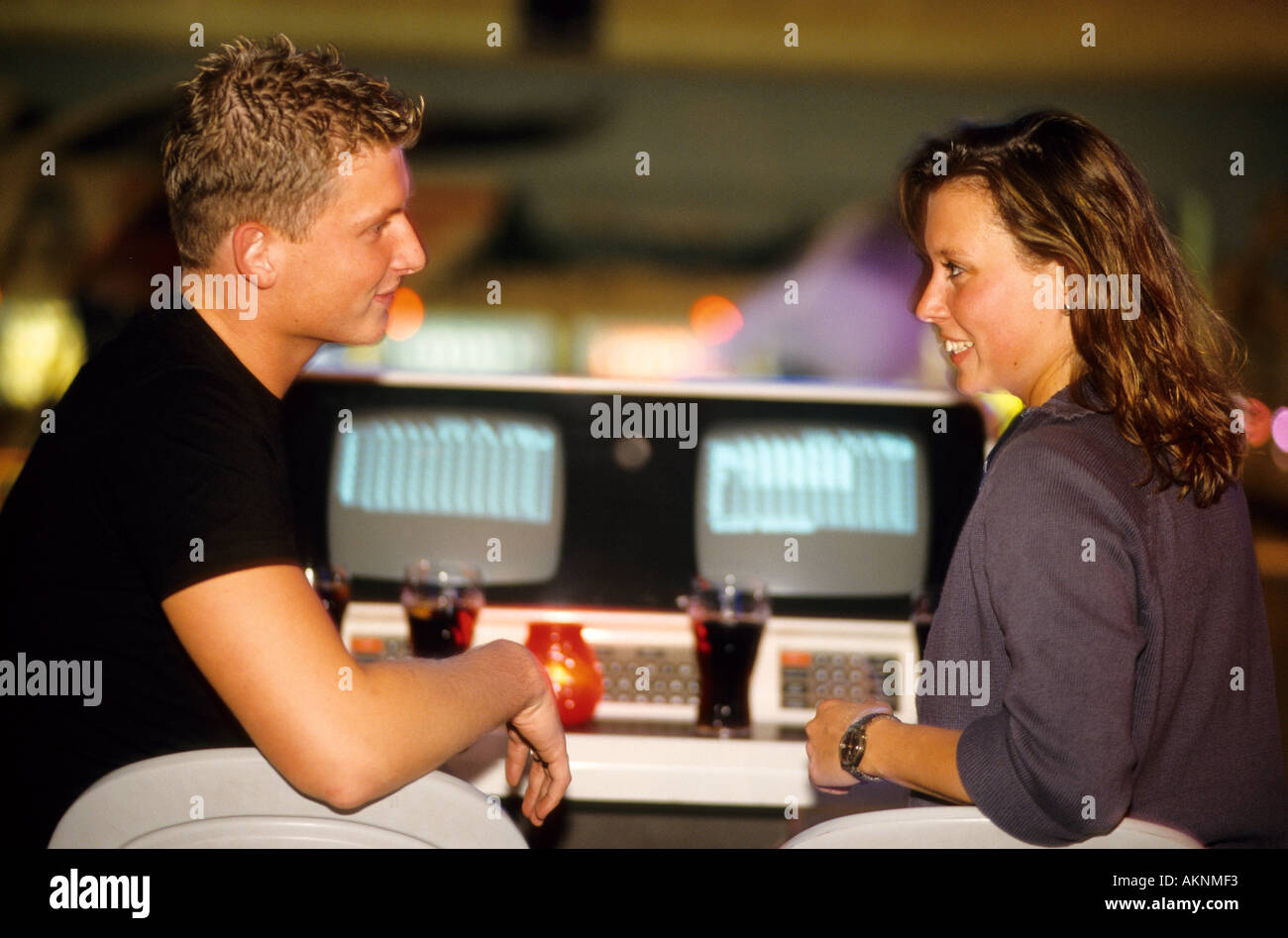 Germany Free time Young persons bowling at the bowling alley  Stock Photo